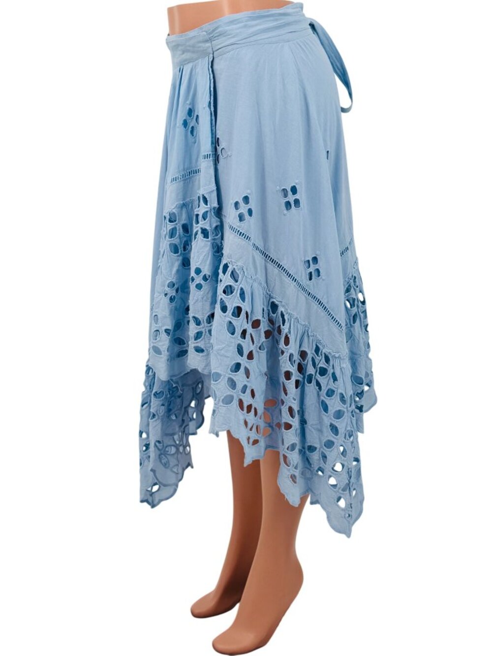 Free People Blue Eyelet Tie Waist Midi Wrap Skirt L | Coastal Boho Cottagecore - Picture 11 of 16